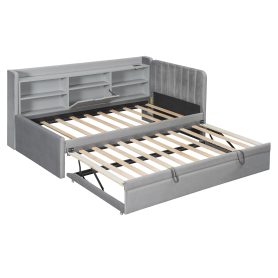 Twin Size Upholstered Daybed with Trundle, Storage Shelves, USB & Outlet