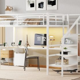 Twin XL Size Metal Loft Bed with L-Shaped Desk, USB, Wardrobe and Adjustable Shelf