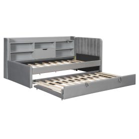 Twin Size Upholstered Daybed with Trundle, Storage Shelves, USB & Outlet