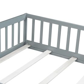 Rubber Wood Full Size Floor Bed With Fence, Door and Safety Guardrails
