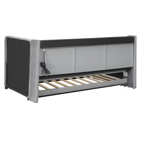 Twin Size Upholstered Daybed with Trundle, Storage Shelves, USB & Outlet