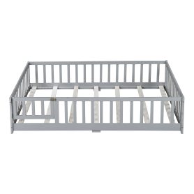 Rubber Wood Full Size Floor Bed With Fence, Door and Safety Guardrails