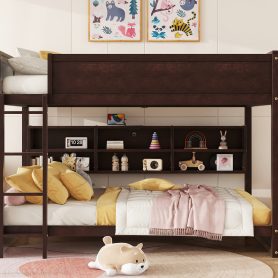 Queen Over Queen Bunk Bed with Built-in Storage Cabinets, Charging Station, Ladder, and Safety Guardrails