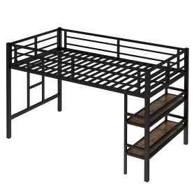 Twin Size Metal Loft Bed With Storage Shelf, Easy Climbing Ladder And Guardrails