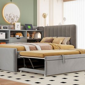 Twin Size Upholstered Daybed with Trundle, Storage Shelves, USB & Outlet