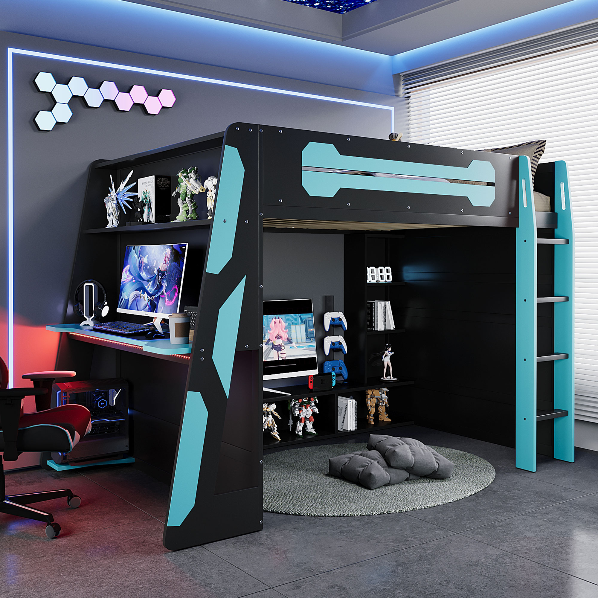 Full Size Wood Loft Bed with Desk, Multi-storage Shelves and RGB Light