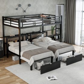 Full Xl Over Twin & Twin Triple Bunk Bed With Drawers, Shelving & USB