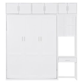 Queen Size Wall Murphy Bed With Desk, Top Cabinet And Storage Shelves