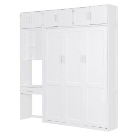 Full Size Wall Murphy Bed with Desk, Top Cabinet and Storage Shelves
