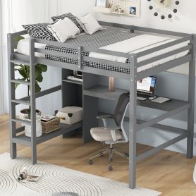 Full Size Loft Bed With Multifunction Shelves And Under-bed Desk