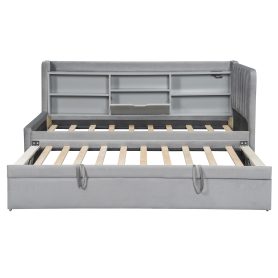 Twin Size Upholstered Daybed with Trundle, Storage Shelves, USB & Outlet