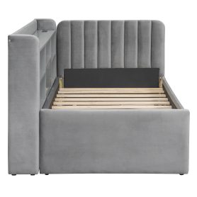 Twin Size Upholstered Daybed with Trundle, Storage Shelves, USB & Outlet