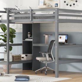 Full Size Loft Bed With Multifunction Shelves And Under-bed Desk