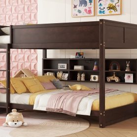 Queen Over Queen Bunk Bed with Built-in Storage Cabinets, Charging Station, Ladder, and Safety Guardrails
