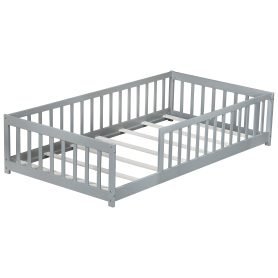 Rubber Wood Twin Size Floor Bed With Fence and Safety Guardrails