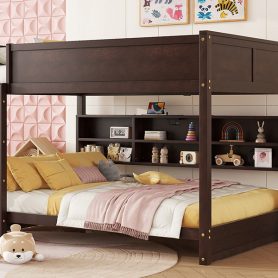 Queen Over Queen Bunk Bed with Built-in Storage Cabinets, Charging Station, Ladder, and Safety Guardrails