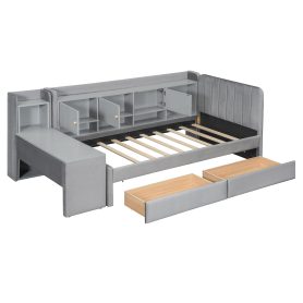 Twin Size Upholstered Daybed with Drawers, Shelves, Flip Cabinets & Side Table