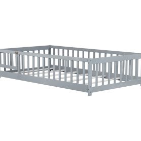 Rubber Wood Twin Size Floor Bed With Fence, Door and Safety Guardrails