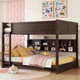Queen Over Queen Bunk Bed with Built-in Storage Cabinets, Charging Station, Ladder, and Safety Guardrails