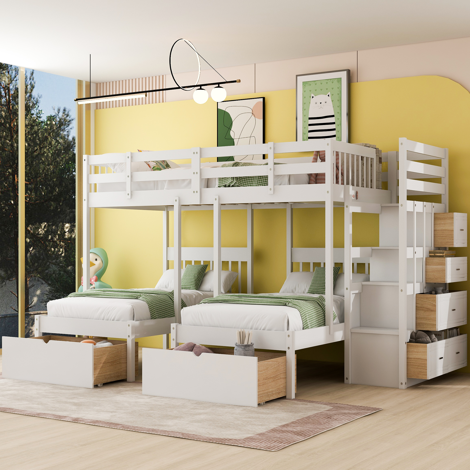 Full Over Twin & Twin Bunk Bed With Drawers And Guardrails