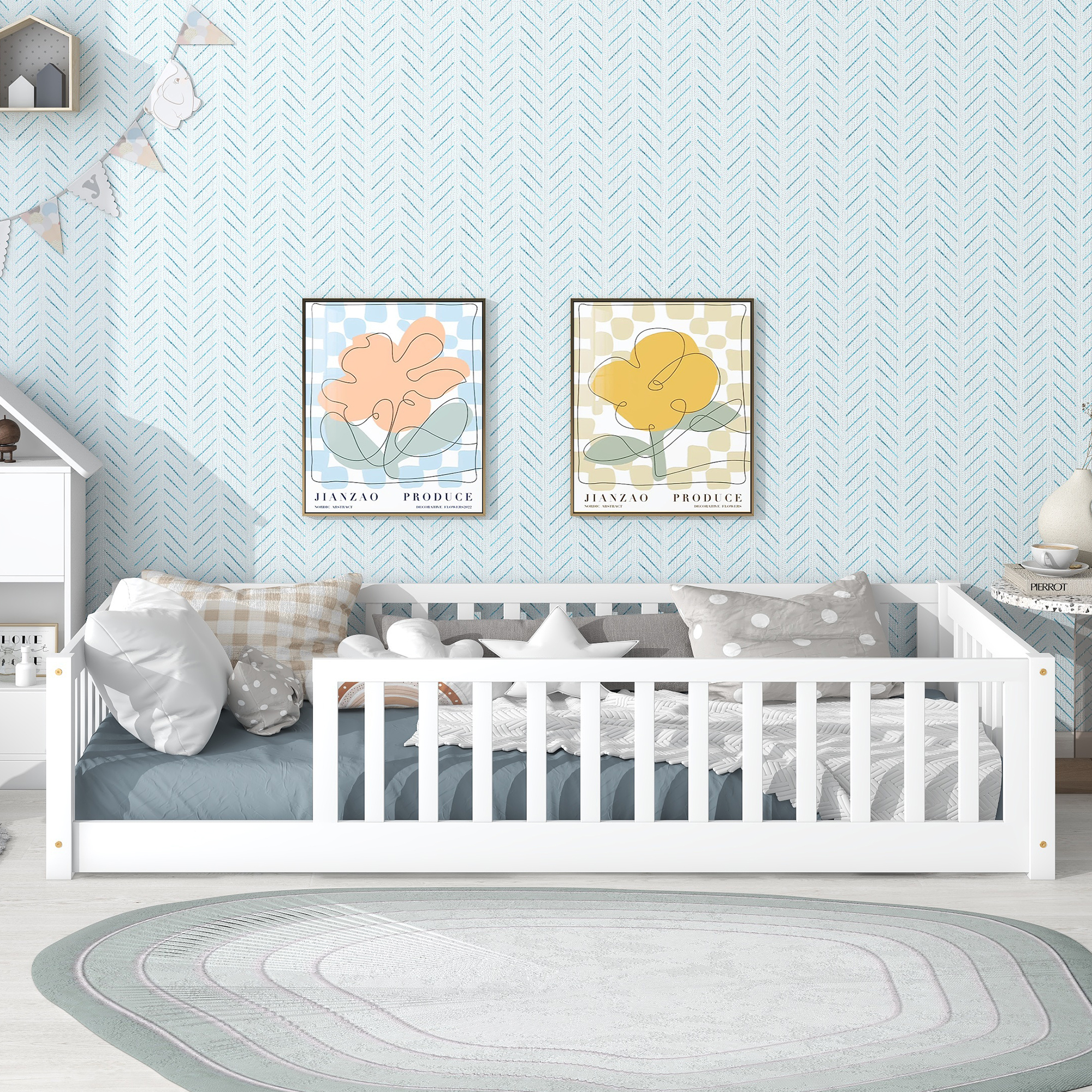 Rubber Wood Twin Size Floor Bed With Fence and Safety Guardrails