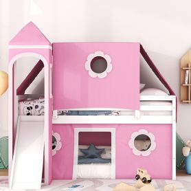 Castle Style Twin Size Loft Bed with Slide, Pink Tent and Tower