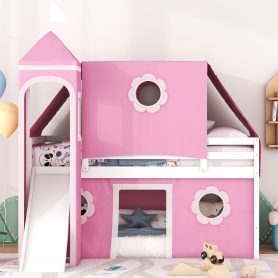 Castle Style Twin Size Loft Bed with Slide, Pink Tent and Tower