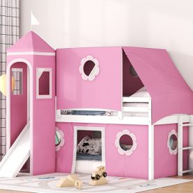 Castle Style Twin Size Loft Bed with Slide, Pink Tent and Tower