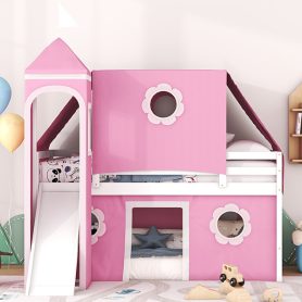 Castle Style Twin Size Loft Bed with Slide, Pink Tent and Tower