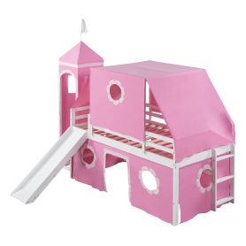 Castle Style Twin Size Loft Bed with Slide, Pink Tent and Tower