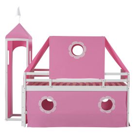 Castle Style Twin Size Loft Bed with Slide, Pink Tent and Tower