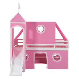 Castle Style Twin Size Loft Bed with Slide, Pink Tent and Tower