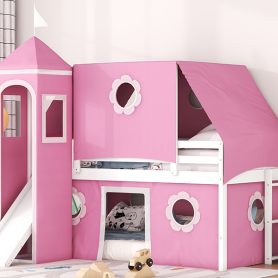 Castle Style Twin Size Loft Bed with Slide, Pink Tent and Tower