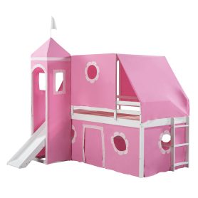 Castle Style Twin Size Loft Bed with Slide, Pink Tent and Tower