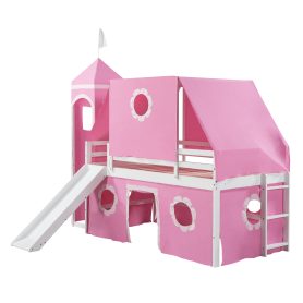 Castle Style Twin Size Loft Bed with Slide, Pink Tent and Tower