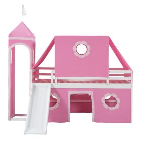Castle Style Twin Size Loft Bed with Slide, Pink Tent and Tower