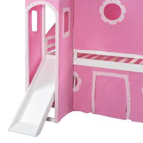 Castle Style Twin Size Loft Bed with Slide, Pink Tent and Tower