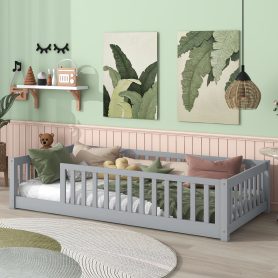 Rubber Wood Twin Size Floor Bed With Fence and Safety Guardrails