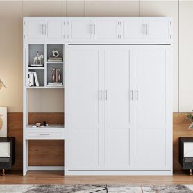 Queen Size Wall Murphy Bed With Desk, Top Cabinet And Storage Shelves