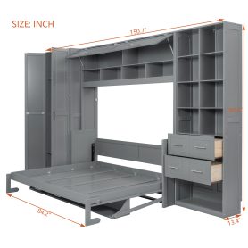 Queen Size Wall Bed with Closet, Drawers and Shelves