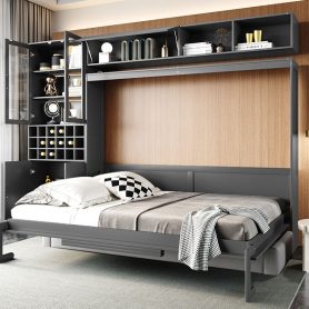Queen Size Murphy Bed Wall Bed with Sofa, Shelves USB & Light