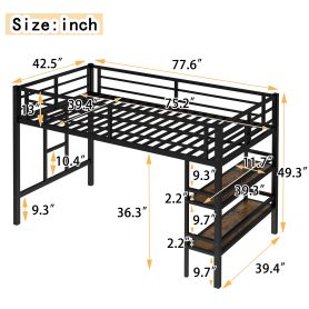 Twin Size Metal Loft Bed With Storage Shelf, Easy Climbing Ladder And Guardrails