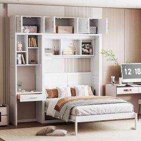 Full Size Wall Murphy Bed with Desk, Top Cabinet and Storage Shelves