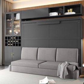 Queen Size Murphy Bed Wall Bed with Sofa, Shelves USB & Light
