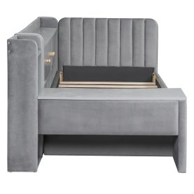 Twin Size Upholstered Daybed with Drawers, Shelves, Flip Cabinets & Side Table