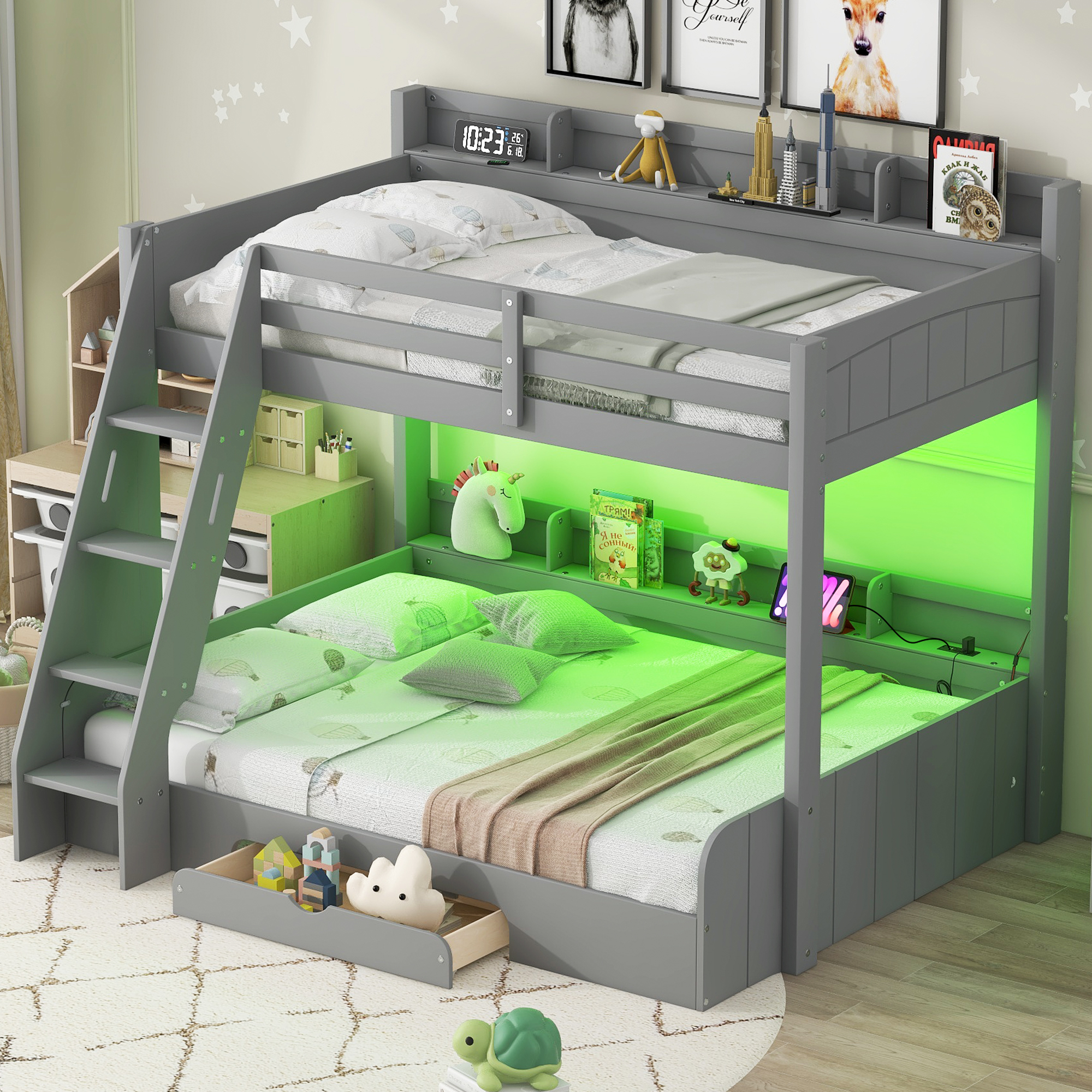 Twin over Full Bunk Bed with Storage Shelves, LED, Charging Station and a Drawer