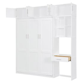 Full Size Wall Murphy Bed with Desk, Top Cabinet and Storage Shelves