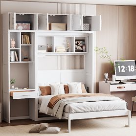 Full Size Wall Murphy Bed with Desk, Top Cabinet and Storage Shelves