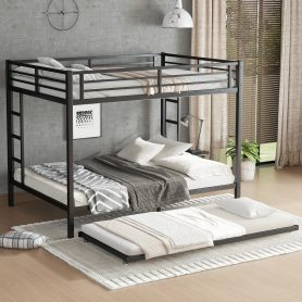Queen over Queen Metal Bunk Bed with Twin Size Trundle