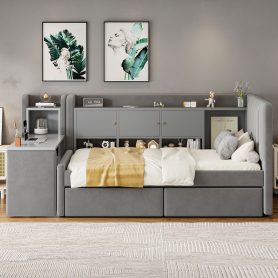 Twin Size Upholstered Daybed with Drawers, Shelves, Flip Cabinets & Side Table